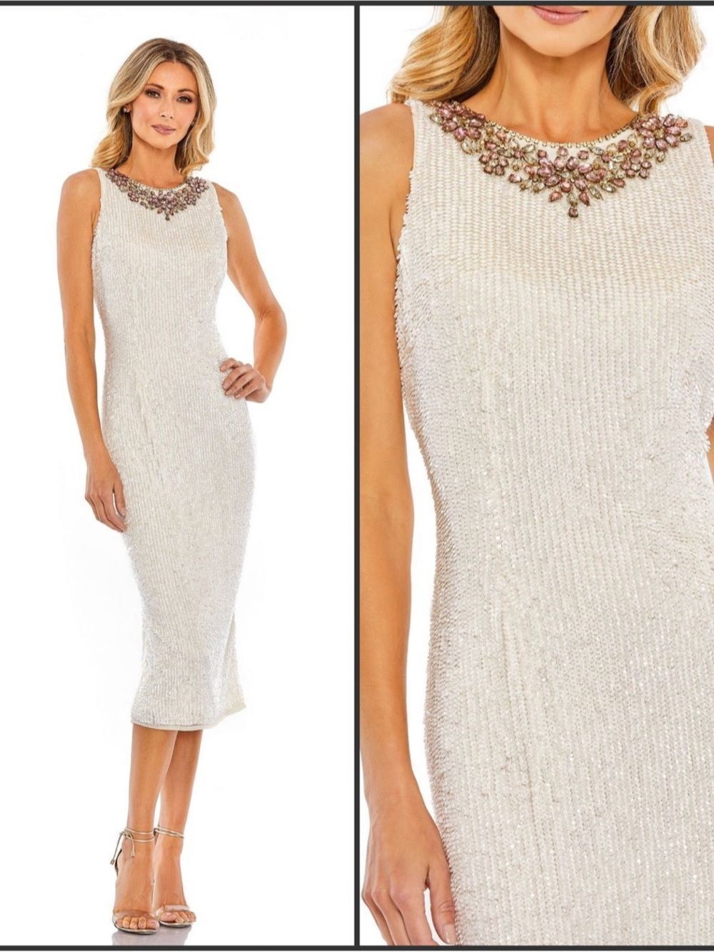 NWT Mac Duggal 70269 Sequin Beaded Neckline Sheath Midi Dress Cream Size 2